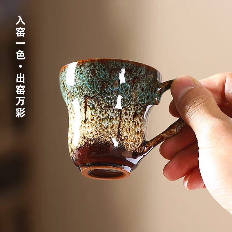 景德镇陶瓷杯复古窑变带把手创意咖啡杯办公室杯子家用日式喝茶杯