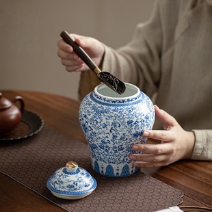 将军储存罐茶叶罐大号陶瓷密封罐中式 摆件家用防潮复古青花红茶罐