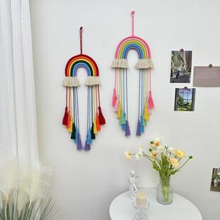 ins北欧风七色彩虹挂饰手工棉绳编织壁式 饰挂件 家居儿童房创意装
