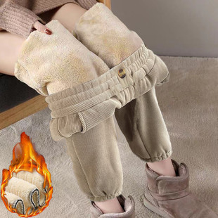 灯芯绒保暖裤 子女学生加绒加厚束脚卫裤 女秋冬休闲裤 羊羔绒运动裤