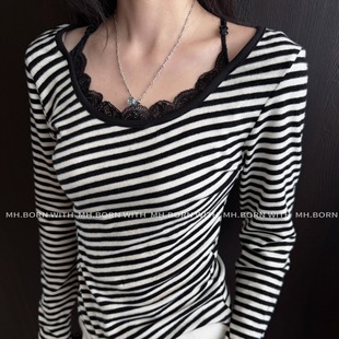 蕾丝吊带条纹拼接长袖 WITH T恤女修身 百搭秋季 上衣 打底衫 BORN