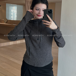 加厚磨毛小个子修身 BORN 女长袖 秋冬连帽打底衫 保暖气质上衣 WITH