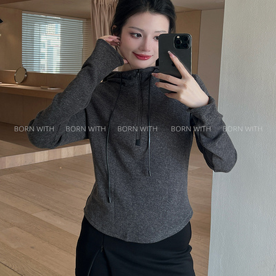 秋冬磨毛连帽打底衫女长袖上衣