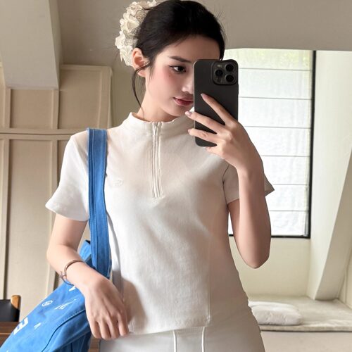 韩版时尚百搭短袖T恤半拉链上衣