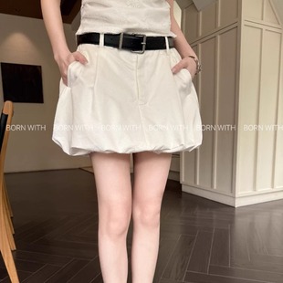 BORN WITH白色简约百搭短裙气质减龄包臀皮带花苞裙高腰A字短裙女