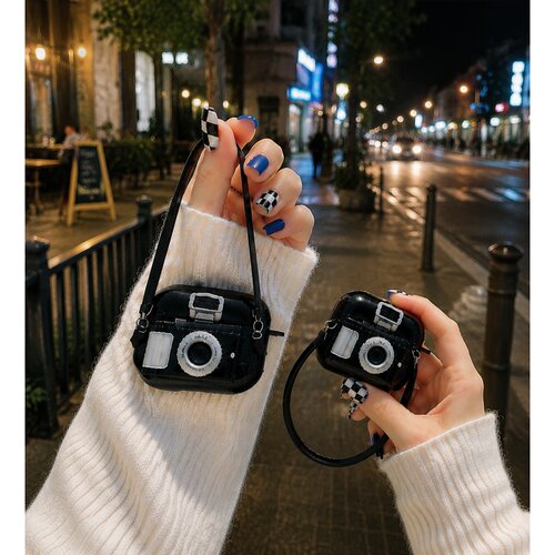 适用AirPods1/2/3/4/Pro/Pro2/Pro3立体相机耳机套黑色光面保护壳苹果无线耳机壳复古摄影机造型软壳潮流个性