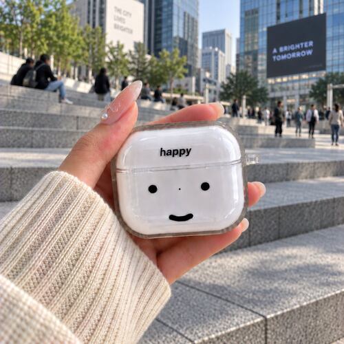 happy表情耳机壳简约苹果AirPods保护套适用airpods1/2/3/4/5/pro/pro2/pro3耳机盒保护壳防摔保护透明保护套