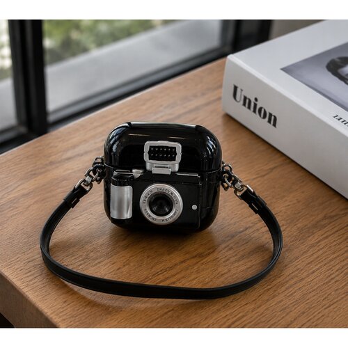 适用AirPods1/2/3/4/Pro/Pro2/Pro3黑色立体相机耳机壳复古软壳保