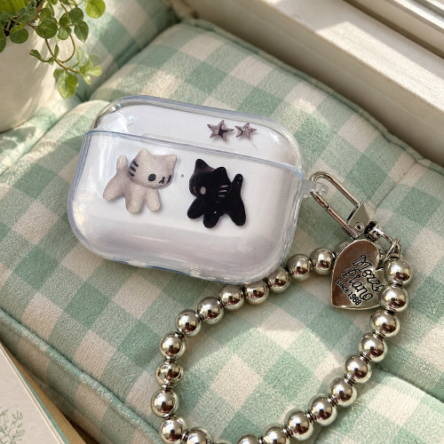 适用airpods1/2/3/4/5/pro/pro2/pro3猫咪图案猫咪黑白双猫星星图案双猫星星保护壳全包保护防尘防刮透明