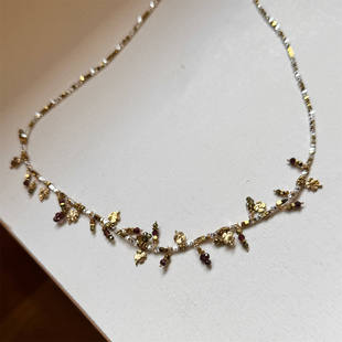 MINICYBER葡萄四叶草天然石项链石榴石时髦潮流设计复古小众精致