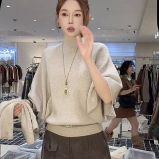 半高领中袖针织衫女款2026新款秋季蝙蝠袖斗篷毛衣设计感袖套上衣