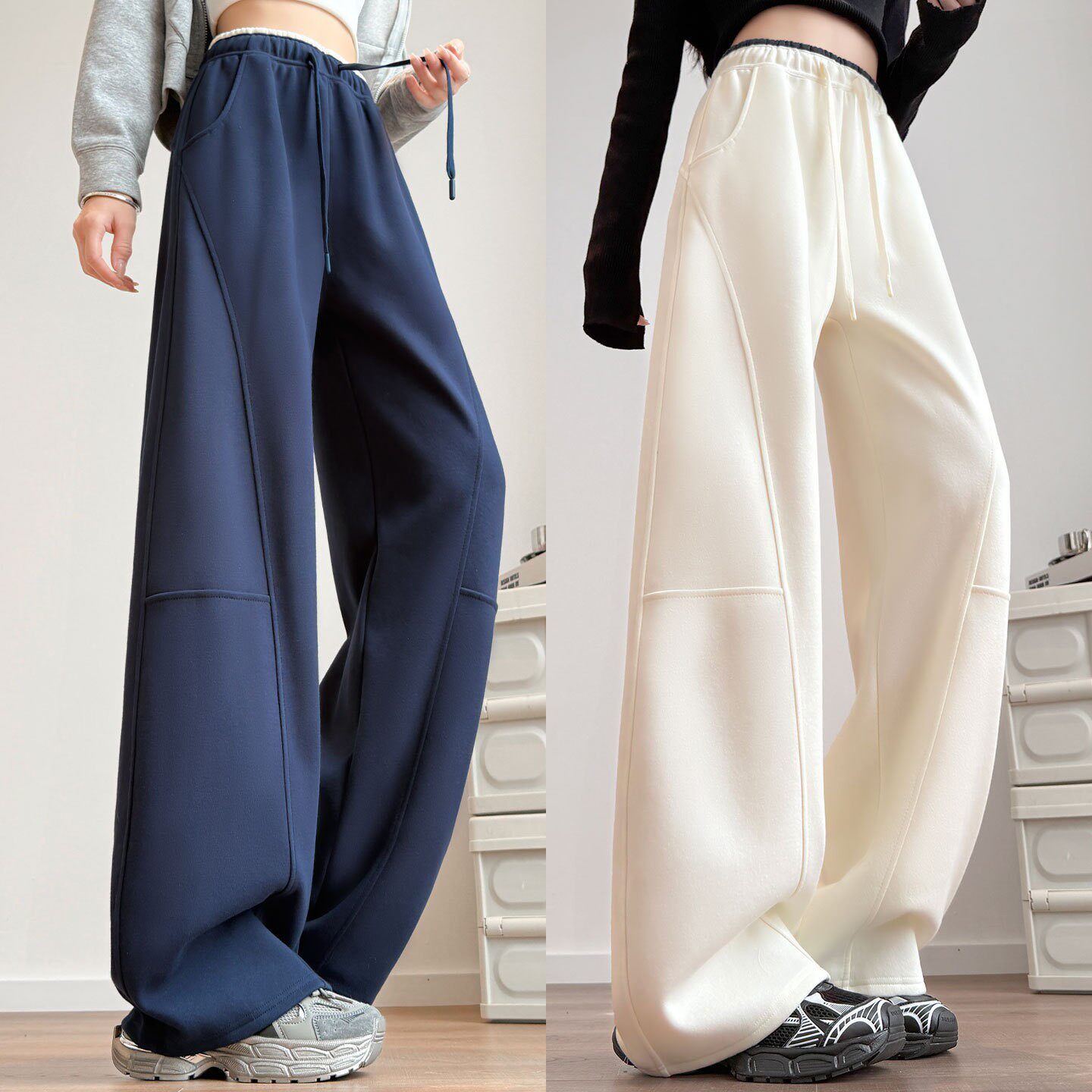 弯刀香蕉阔腿裤女春秋2026新款垂感高腰休闲窄版宽松直筒运动卫裤