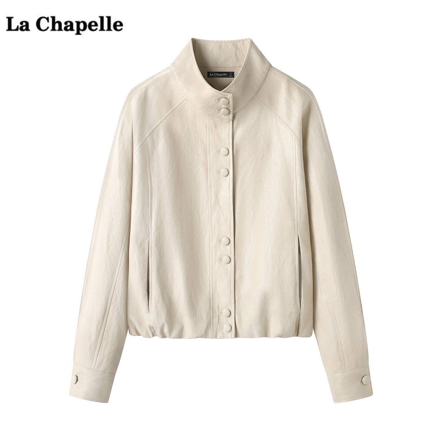 拉夏贝尔/La Chapelle立领白色皮衣外套女春新款高级感PU夹克上衣图片