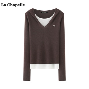 拉夏贝尔/La Chapelle假两件连帽针织衫女秋冬季宽松休闲毛衣上衣