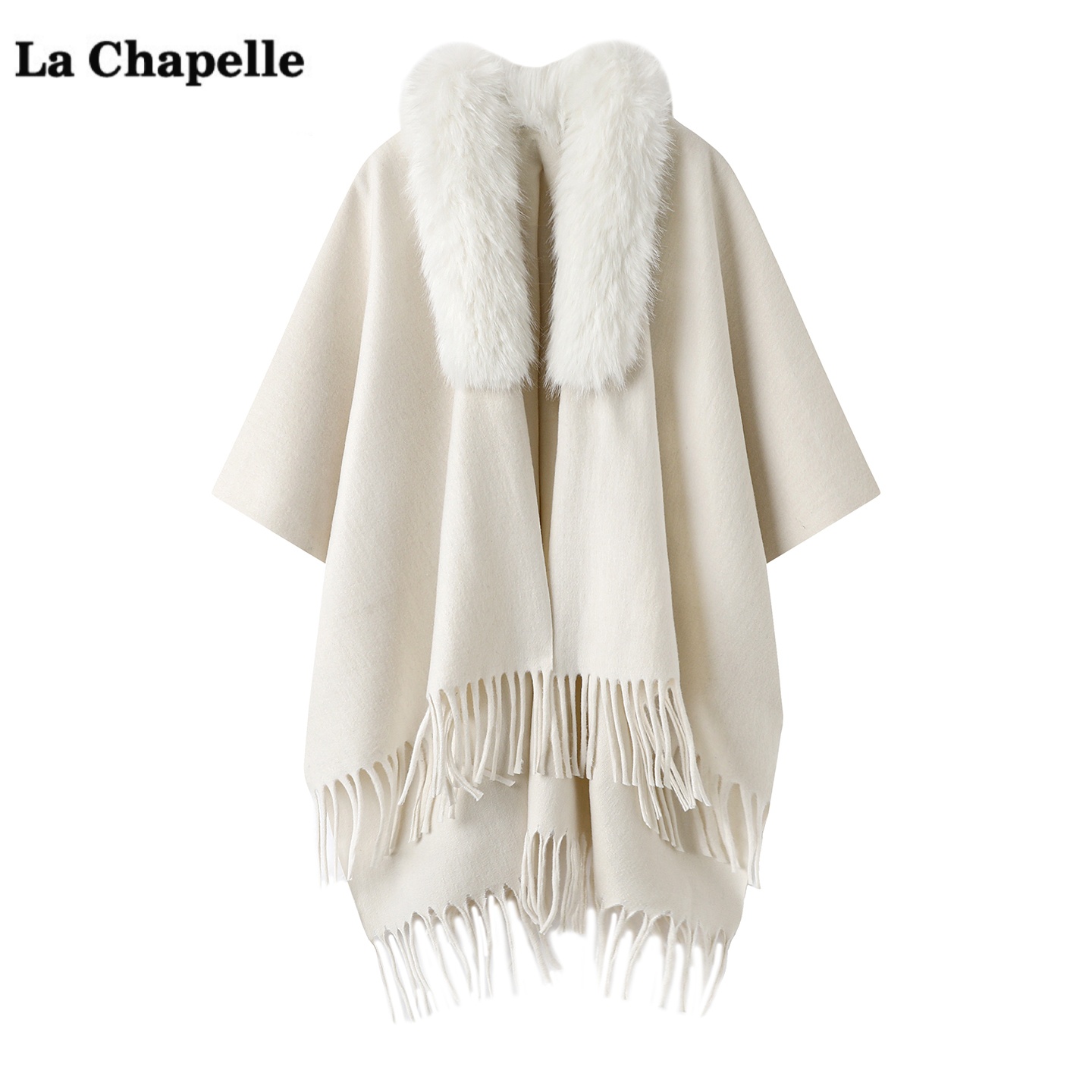 拉夏贝尔/La Chapelle高级毛领流苏披肩女外搭保暖披风大衣围巾