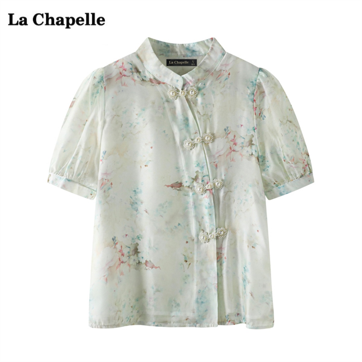 拉夏贝尔/La Chapelle新中式碎花衬衫女夏季新款盘扣雪纺衬衣上衣