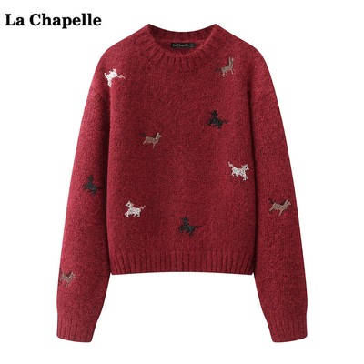 拉夏贝尔/La Chapelle新年红色刺绣针织衫女春季新款宽松毛衣上衣