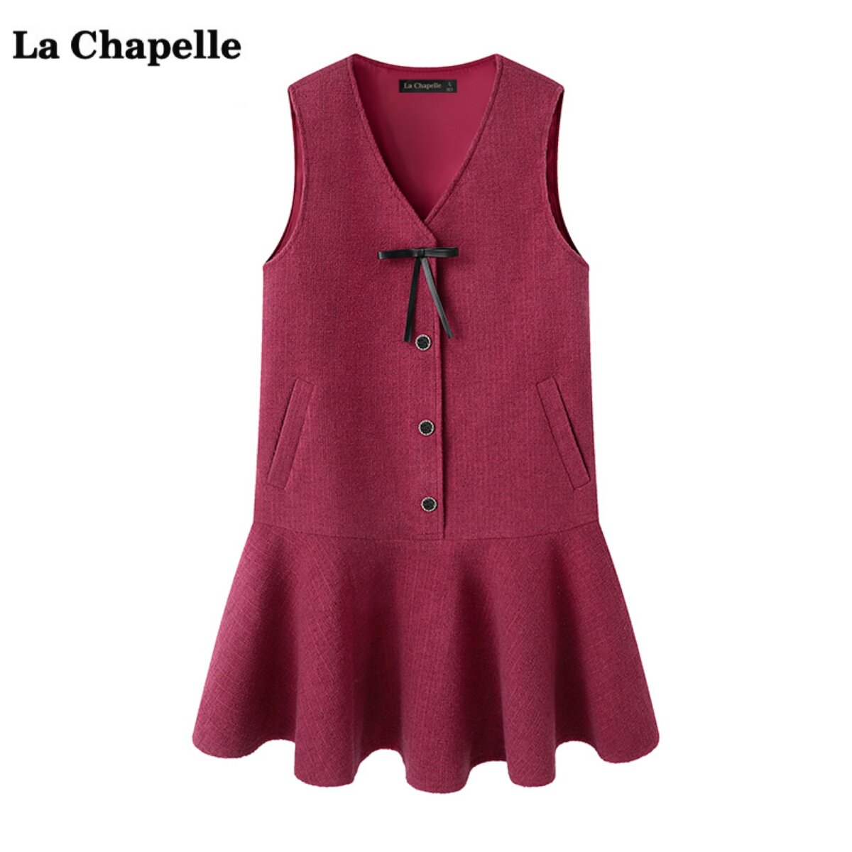 拉夏贝尔/La Chapelle粉色小香风蝴蝶结背心连衣裙女秋冬新款短裙