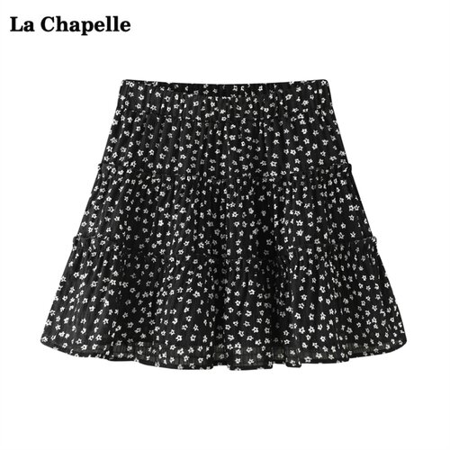 拉夏贝尔/La Chapelle黑色碎花半身裙女夏季蛋糕裙小个子A字短裙