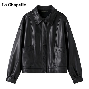 新款 Chapelle秋季 拉夏贝尔 复古机车服皮衣女短款 百搭黑色外套