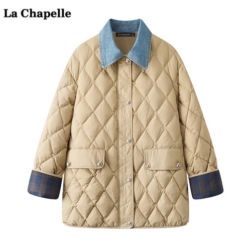 拉夏贝尔/La Chapelle翻领加厚外套女秋冬新款黑色撞色中长款上衣