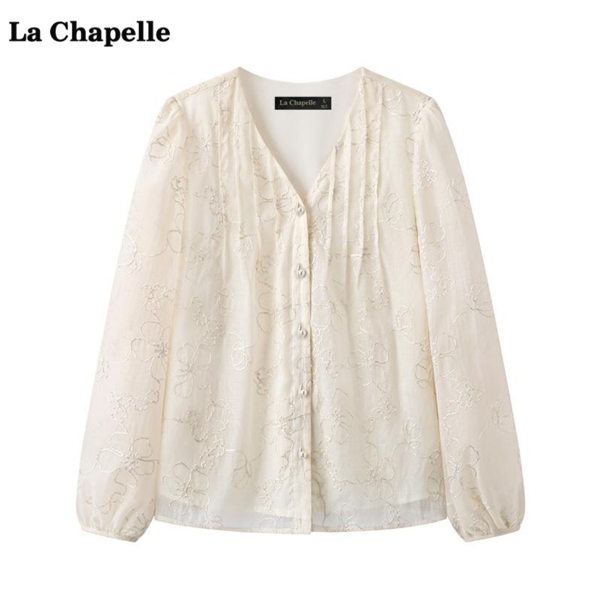 拉夏贝尔/La Chapelle法式气质长袖衬衫女春季新款刺绣V领上衣