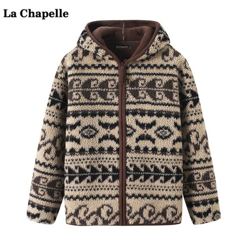 拉夏贝尔/La Chapelle费尔岛连帽外套女冬季新款宽松羊羔毛上衣