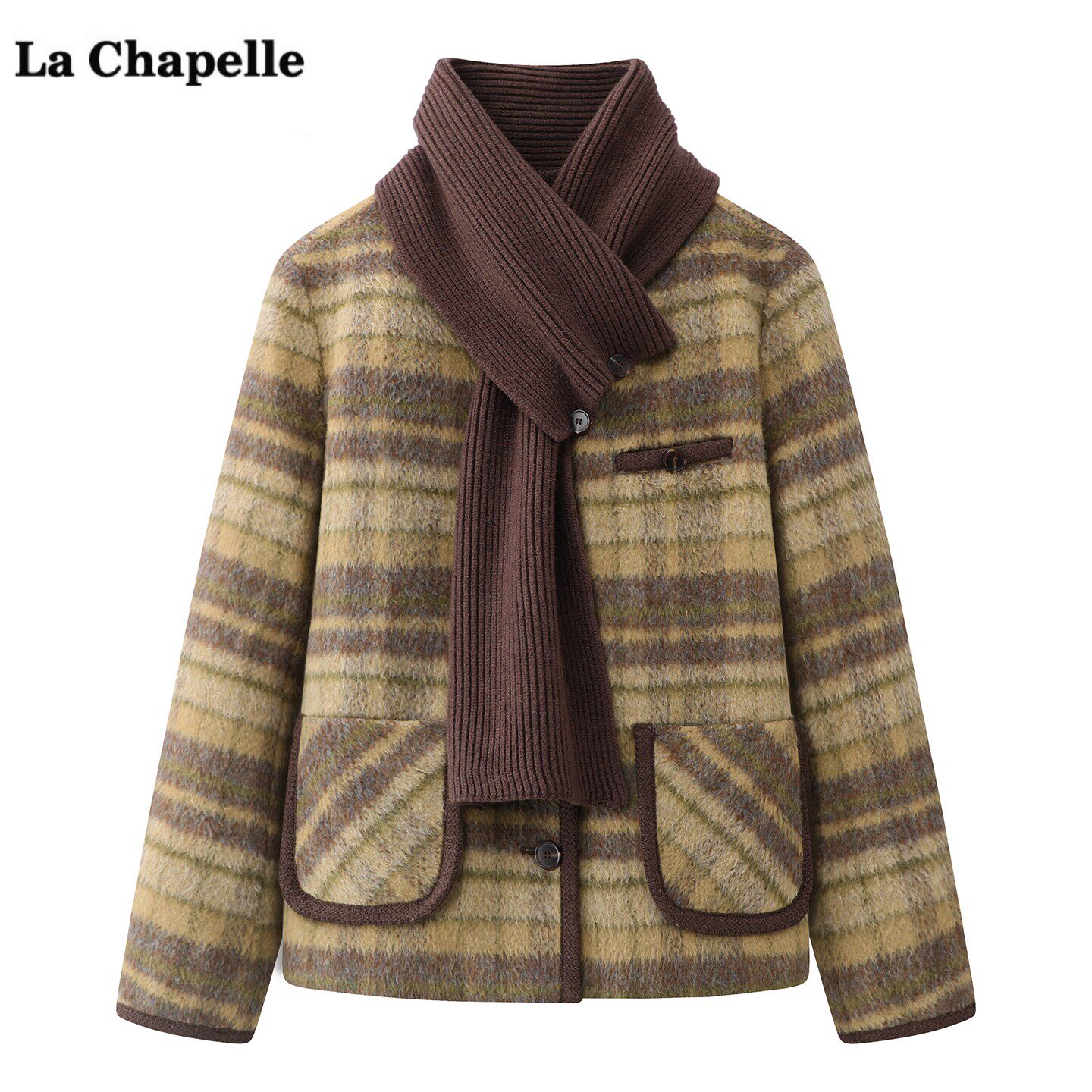 拉夏贝尔/La Chapelle围巾领格子外套女冬季新款宽松小个子上衣