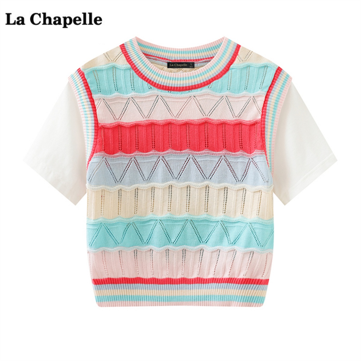 拉夏贝尔/La Chapelle粉色条纹短袖针织衫女春夏季新款假两件上衣