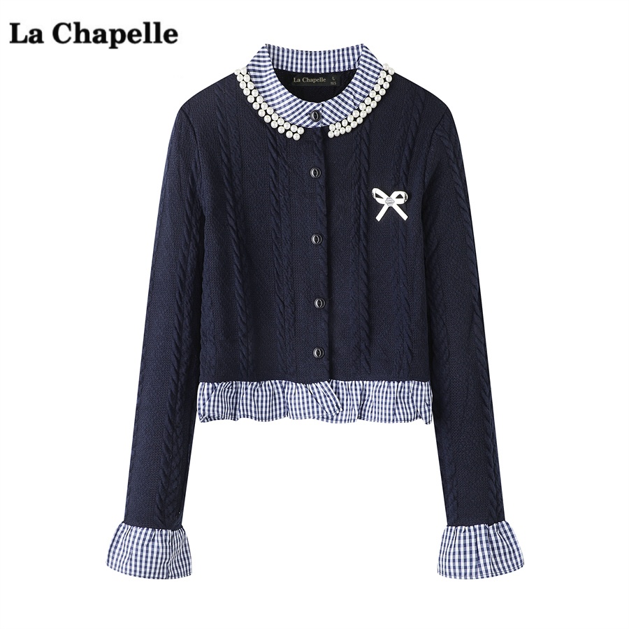 拉夏贝尔/La Chapelle法式假两件针织衫女秋季新款学院风拼接毛衣