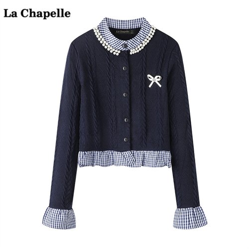 拉夏贝尔/La Chapelle法式假两件针织衫女秋季新款学院风拼接毛衣