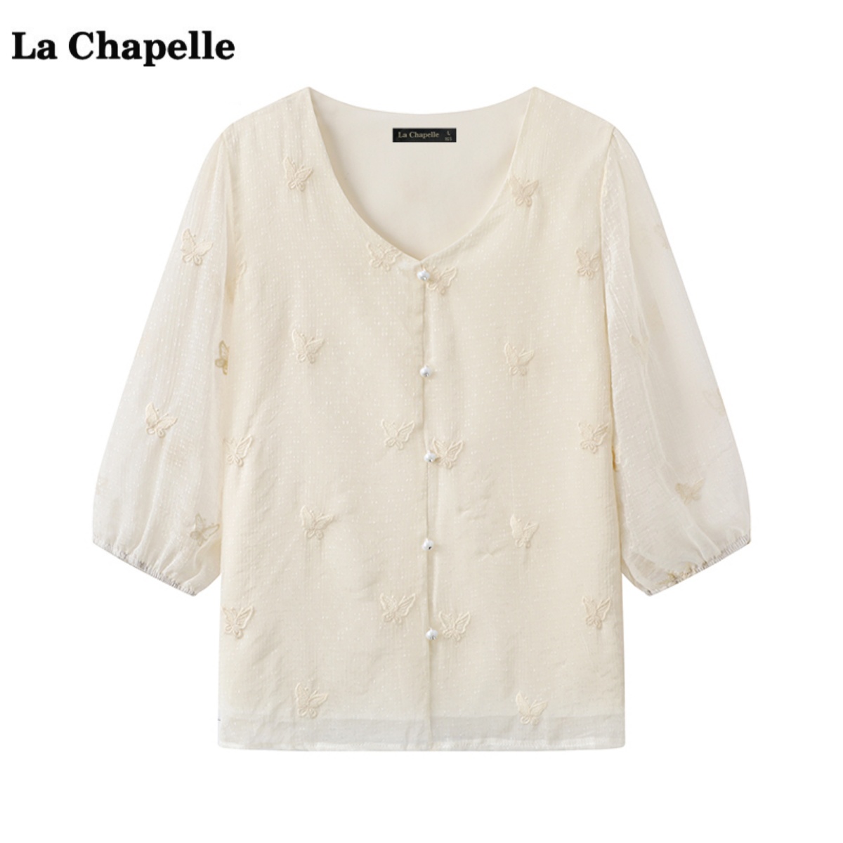 拉夏贝尔/La Chapelle法式V领刺绣衬衫女夏季新款气质小众上衣
