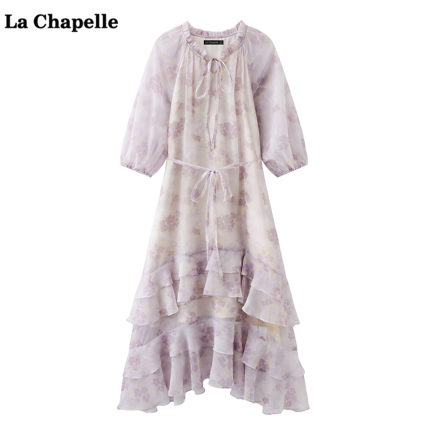 拉夏贝尔/La Chapelle法式V领带雪纺连衣裙女夏季新款收腰碎花裙