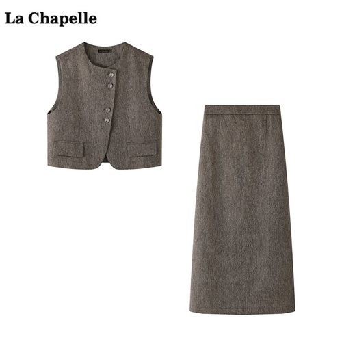 拉夏贝尔/La Chapelle复古西装马甲半身裙两件套女秋季时尚套装