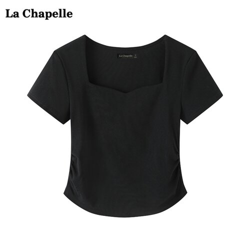 拉夏贝尔/La Chapelle法式弧形方领短袖T恤女夏正肩黑色小衫上衣