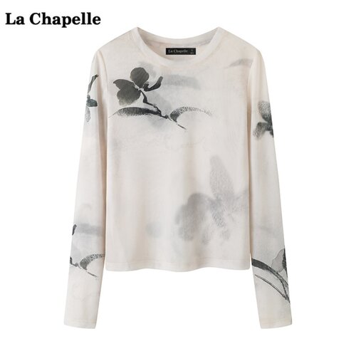 拉夏贝尔/La Chapelle国风水墨印花长袖T恤女秋季新款圆领打底衫