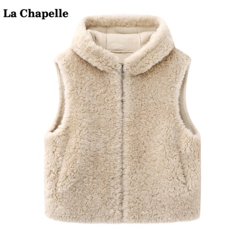 拉夏贝尔/La Chapelle仿羊羔毛连帽马甲女秋冬季新款保暖无袖坎肩