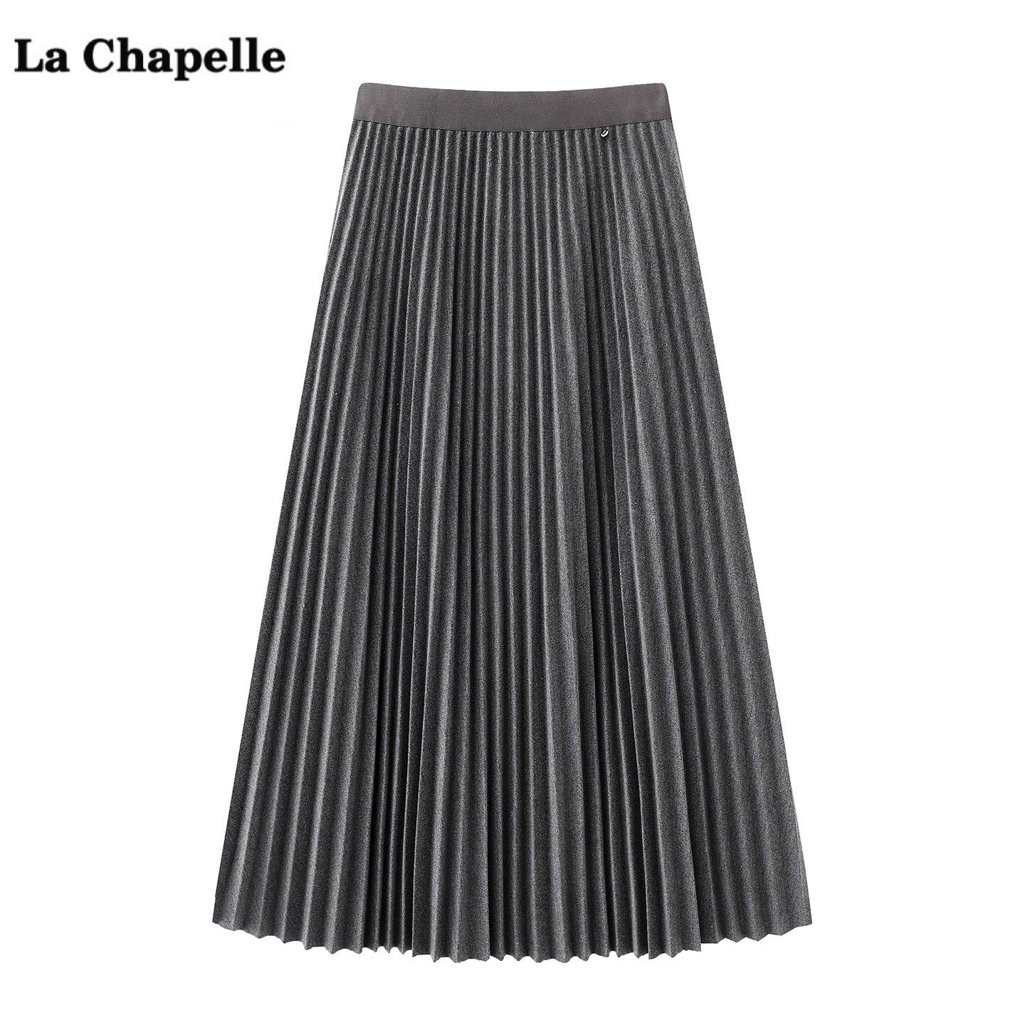 拉夏贝尔/La Chapelle灰色松紧高腰百褶裙女冬季新气质a字半身裙
