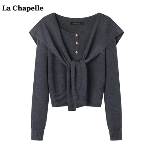 拉夏贝尔/La Chapelle灰色披肩针织衫两件套女秋季新款打底衫上衣
