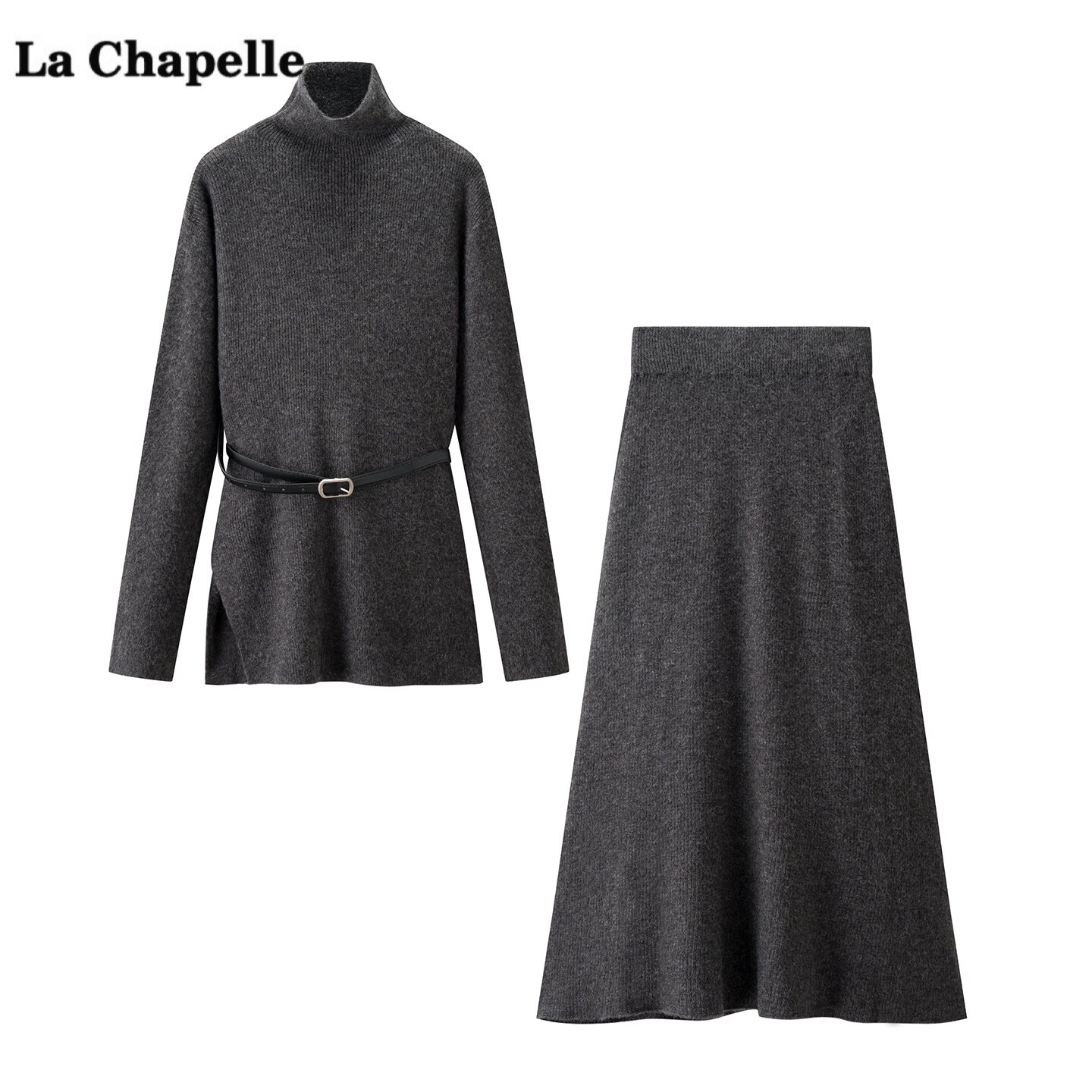 拉夏贝尔/La Chapelle半高领针织衫半身裙两件套女秋冬季时尚套装