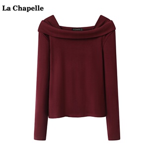 拉夏贝尔/La Chapelle安可拉红长袖打底衫女春新款一字肩T恤上衣