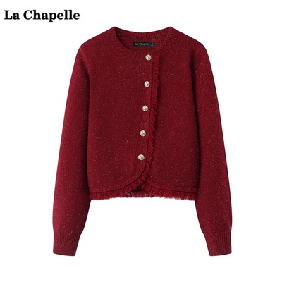 拉夏贝尔/La Chapelle新年红色针织开衫女春季新款气质宽松毛衣