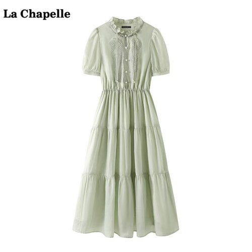 拉夏贝尔/La Chapelle新中式盘扣连衣裙女夏新款重工刺绣短袖裙子