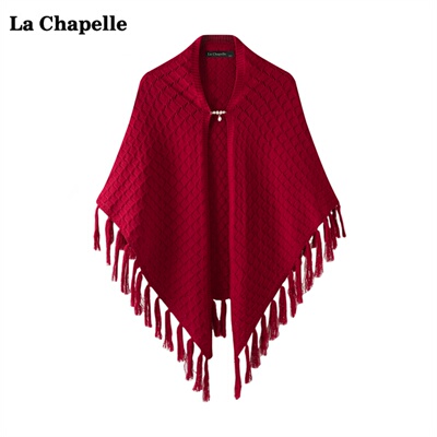 拉夏贝尔LaChapelle红色流苏针织披肩女春秋新款宽松空调外搭开衫
