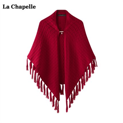 拉夏贝尔LaChapelle红色流苏针织披肩女春夏新款宽松空调外搭开衫