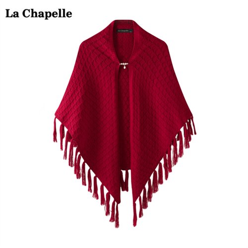 拉夏贝尔LaChapelle红色流苏针织披肩女春秋新款宽松空调外搭开衫