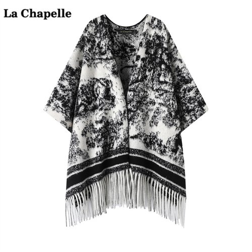 拉夏贝尔/La Chapelle水墨画流苏披肩女旅游保暖围巾针织披风外搭
