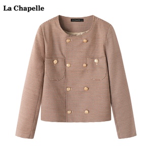 拉夏贝尔/La Chapelle小香风千鸟格外套女秋冬气质小个子短款上衣