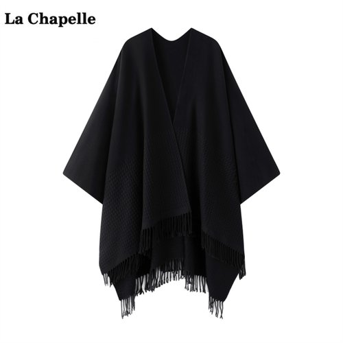 拉夏贝尔/La Chapelle黑色气质流苏披肩女外搭保暖披风斗篷围巾