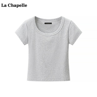 T恤女夏季 拉夏贝尔 Chapelle灰色圆领短袖 正肩上衣 新款 修身